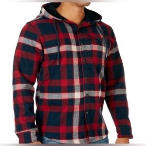 Wolverine NWT Men’s Size L Red & Blue Plaid Button Front Flannel Hooded Jacket